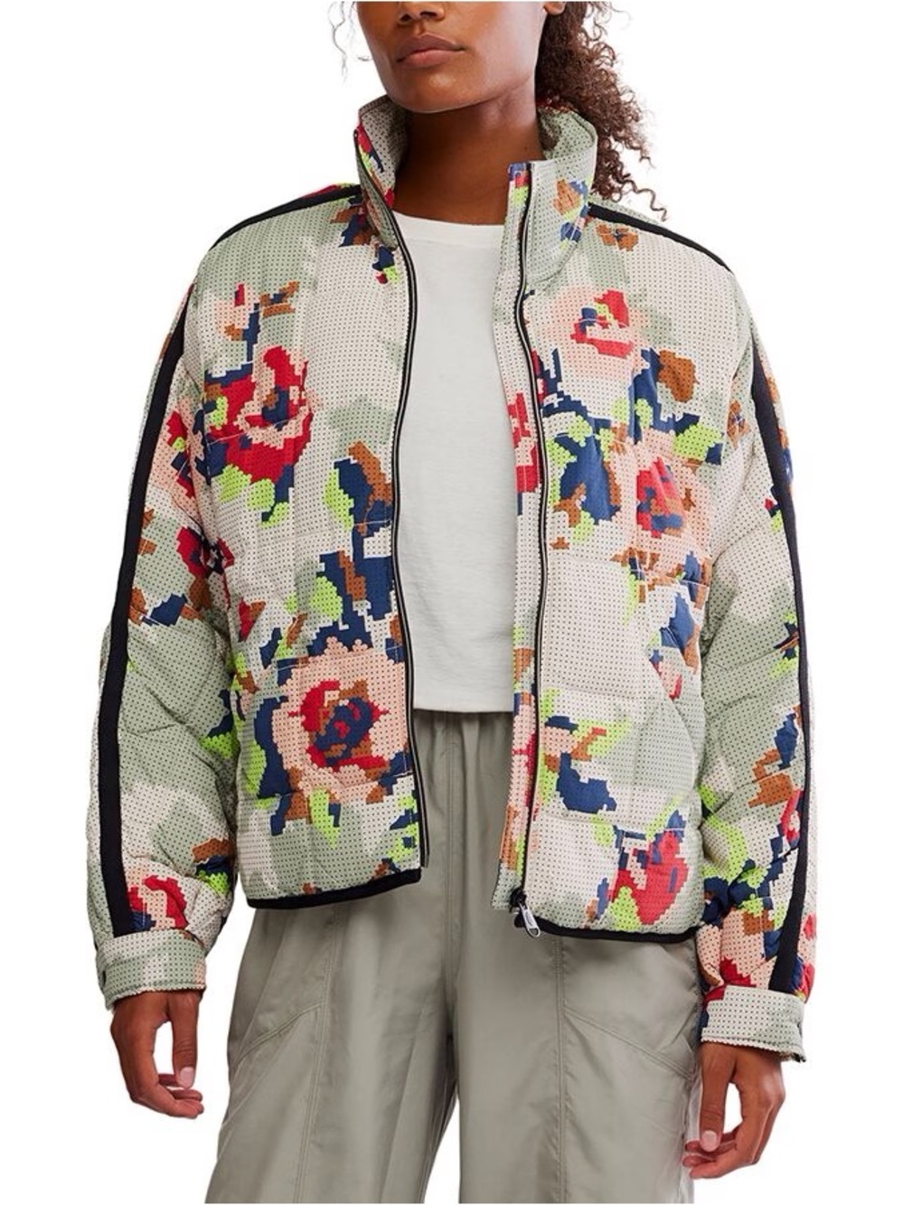 Free People Multicolor Quilted Puffer Jacket in White, Red, Neon Yellow & Navy